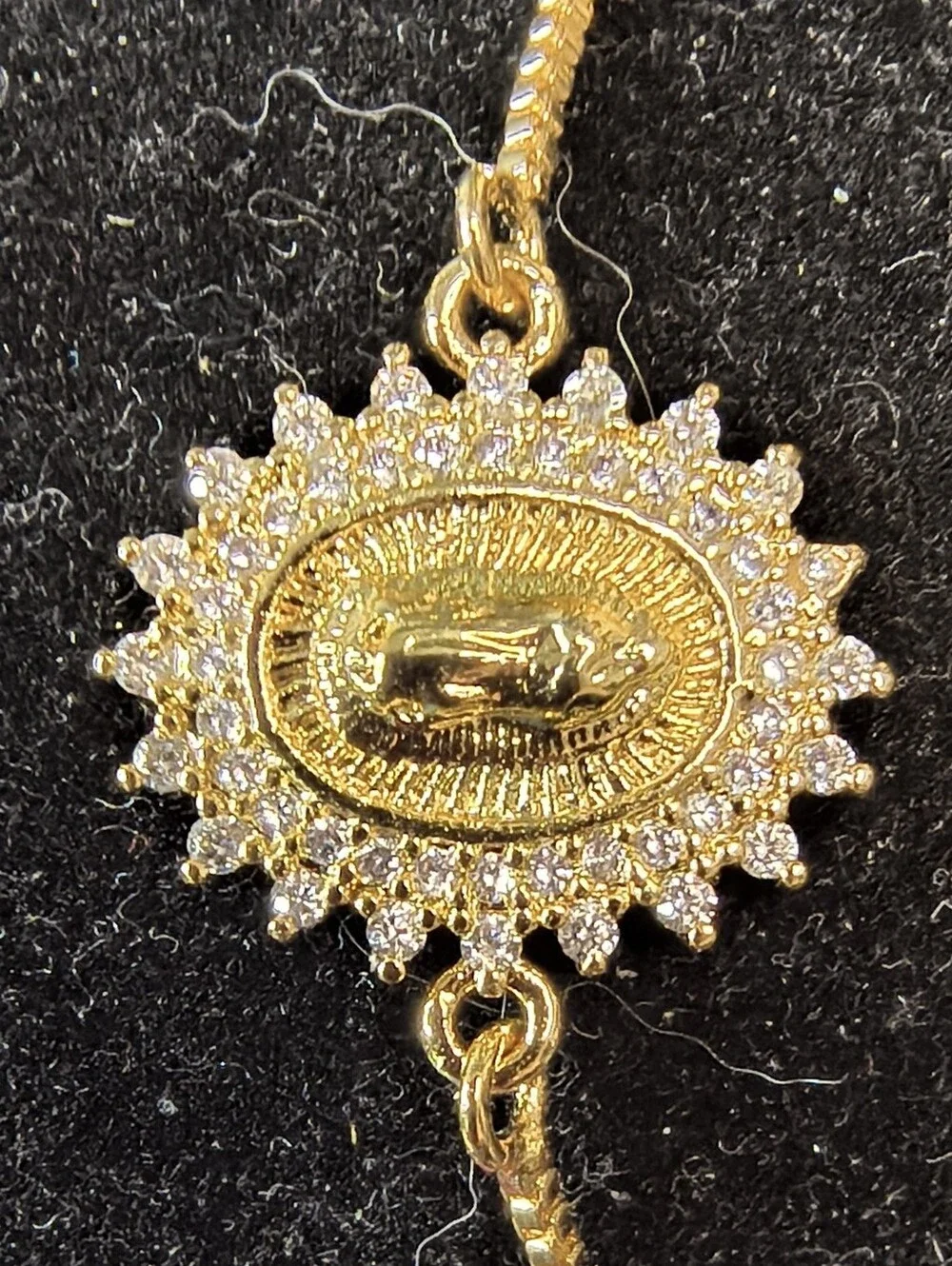 18K Gold Over Stainless Steel Miraculous Medal Bolo Bracelet CZ Halo Adjustable